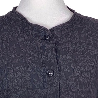 URU Venice Black Textured Silk Mandarin Collar Button-Down Blouse Size Small USA