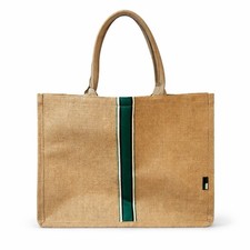 Aquario Jute Tote Bag Large Reusable Beach Market Shopper Eco Burlap Green Strip