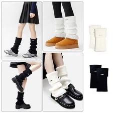 Warm Wool Ribbed Leg Warmers - Plain Crochet Knee High Stretchy for Boots