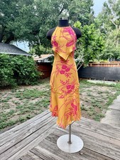 2000s Sue Wong Tropical Floral 100 Silk Bias Cut Midi Dress