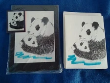 Panda Mom and Baby 3 Pc Set- 6 Blank Notecards Print and Magnet - New