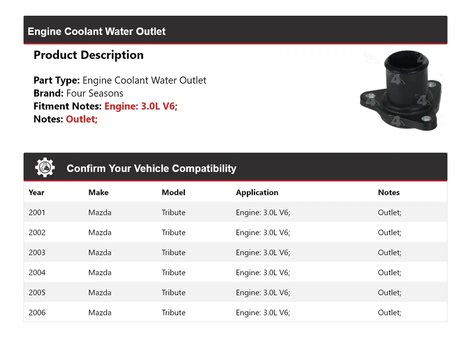 Para Mazda Tribute 2001-2006 motor V6 3,0 L salida de agua refrigerante 4 estaciones 2002 Foto 2 de 4