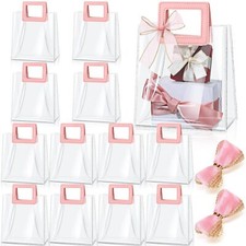 12 Pcs Clear PVC Gift Bags with Sheer Ribbon Handle 7"x4"x8" Pink
