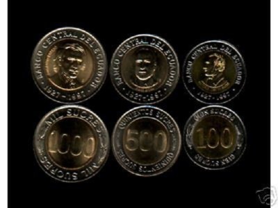 ECUADOR 100 500 1000 SUCRES x 10 Sets 1997 KM-101 102 103 BIMETAL UNC 3v COIN