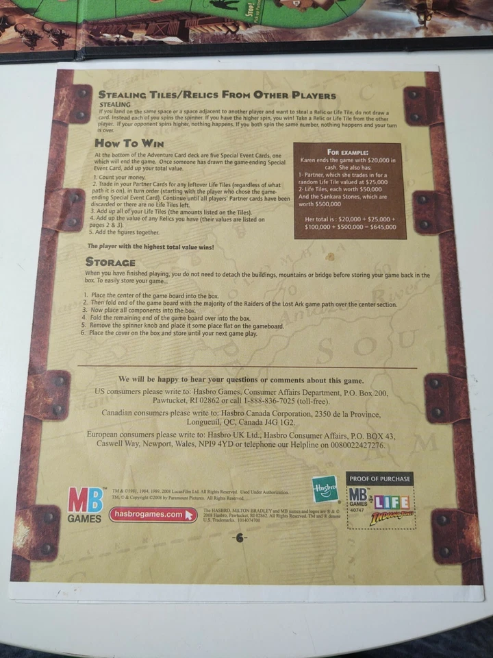 The Game of Life Edición Indiana Jones SOLO PIEZAS Manual de instrucciones Piezas Foto 2 de 2