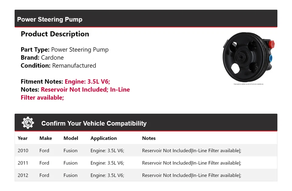 Bomba de dirección asistida Cardone 2011 para Ford Fusion 2010-2012 3,5 L V6 Foto 2 de 4