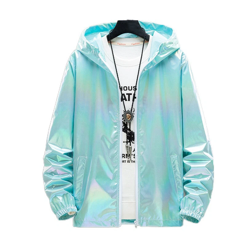 Women Men Hooded Coat Iridescent Shiny Holographic Jacket Top Fashion Hip Hop - Image 4 of 4