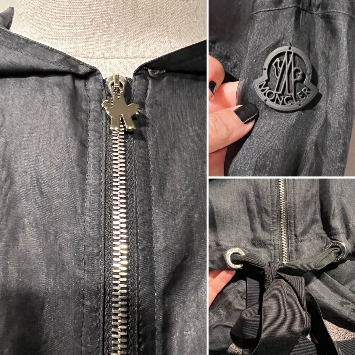 MONCLER Black Silk Organza Zip,Drawstring Hood Jacket 00/38 MONCLER Black Silk Organza Zip,Drawstring Hood Jacket 00/38