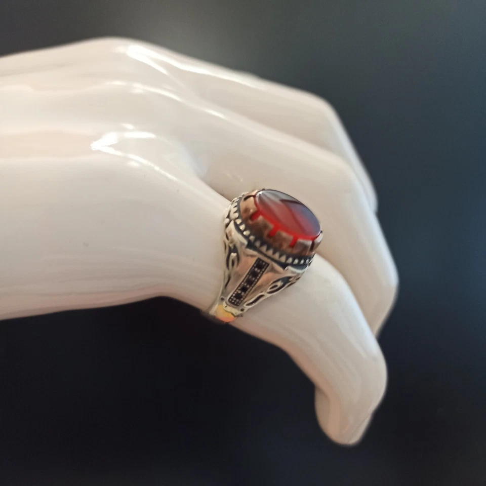 Мужское кольцо винтажное серебро 925 ретро ар-деко возрождение 11 красный камень заявление подарок - Изображение 2 из 4