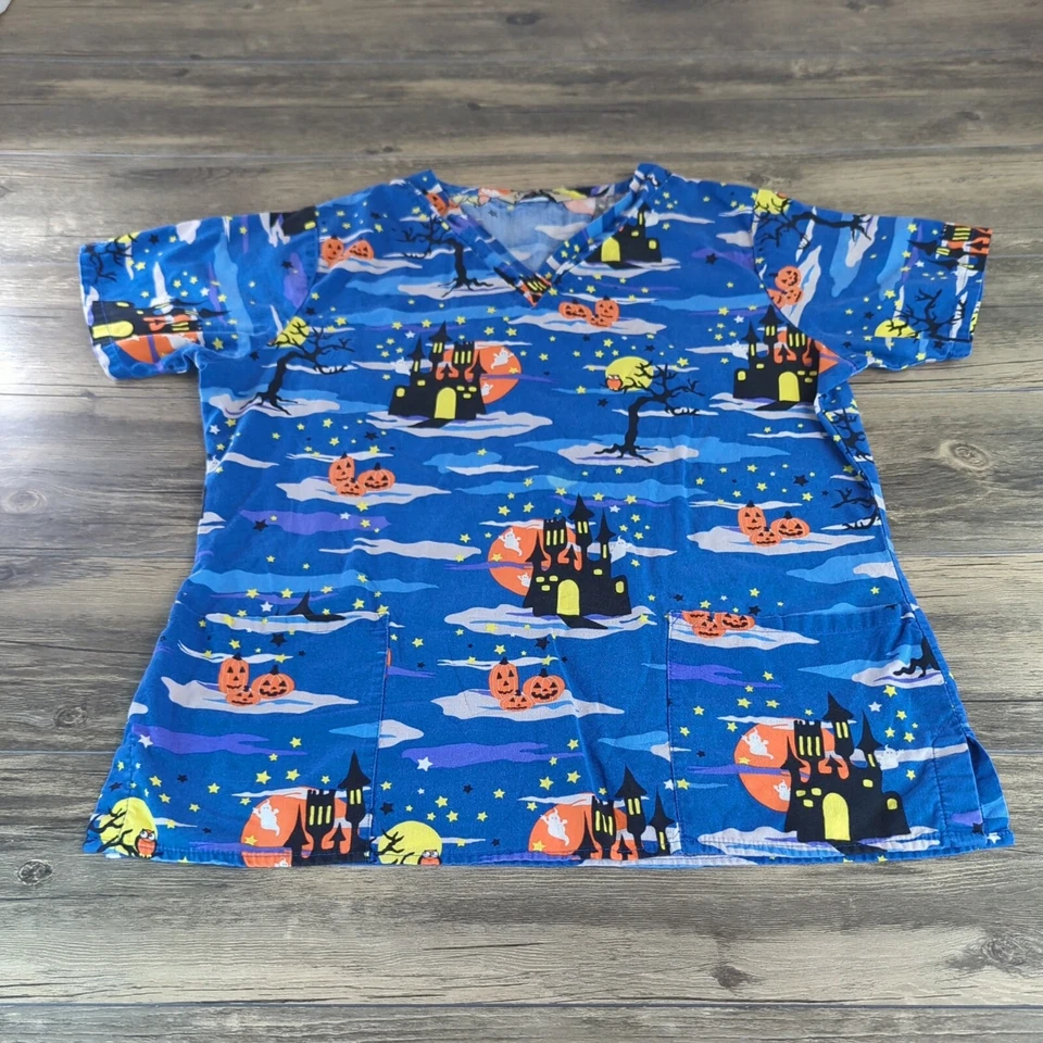 Cómoda Blusa Médica de Algodón Halloween Para Mujer Mediana Fantasma Calabaza Castillo Foto 4 de 4