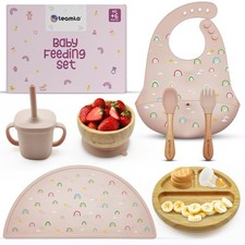   Silicone Baby Feeding Set: Baby Plate and Bowl, Bib, Utensils, Cup  Placem...