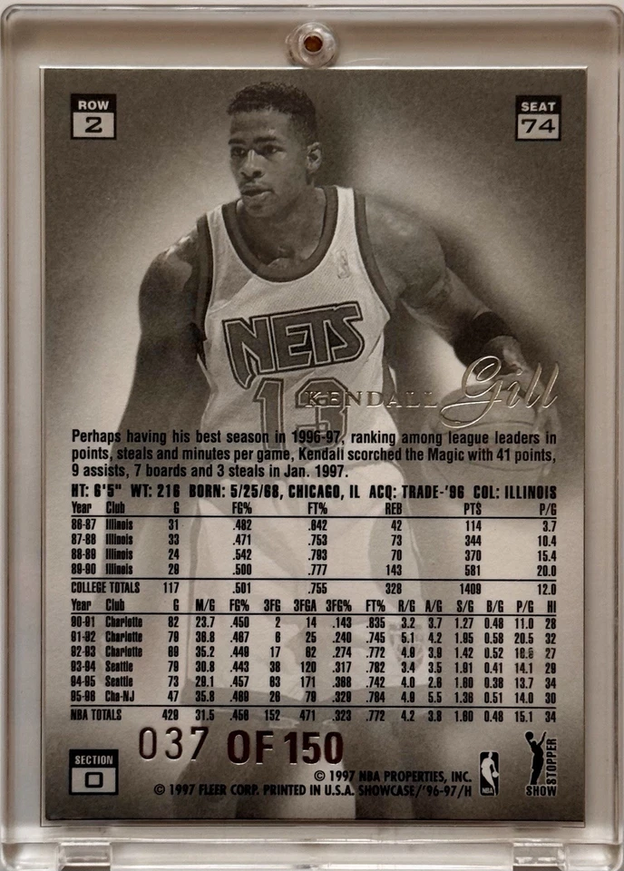 1996-97 Flair Showcase Kendall Gill #74 Legacy, Fila 2, Assento, Sec 0, 037/150 RARO - Imagem 2 de 2