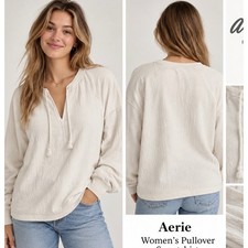 Aerie Womens Pullover Sweatshirt Cream Oatmeal Tassel V-Neck Textured Size M