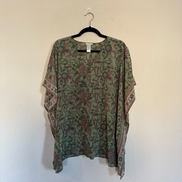 J. Jill Womens Size S/L Woodcut Jacobean Printed Poncho Garden Green‎ Multi