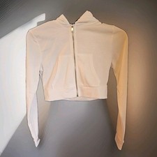 White Cropped Zip-Up Hoodie, Full-Length Silver Zipper, Split Pocket, Size L