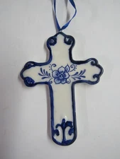 New Kurt Adler Delft Blue Porcelain Cross Ornament J7314 Free Shipping