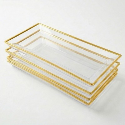 Plastic Serving Tray Set, Clear & Gold Rim Disposable 8'' x 13''   4 Pack