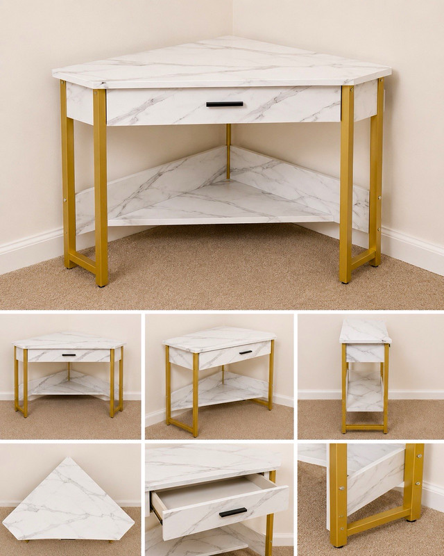 White Marbled Corner Desk Gold Metal Frame, 1 Drawer, 1 Shelf Freestanding