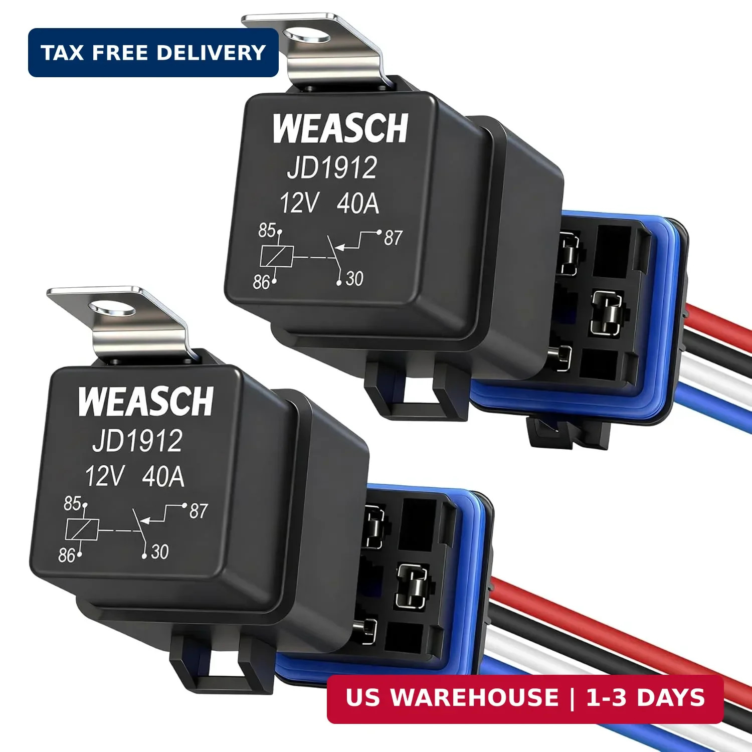 2 Pack Waterproof Relay Kit, 12V 40A, 4 Pin SPST, Heavy Duty 14 AWG Tinned Coppe