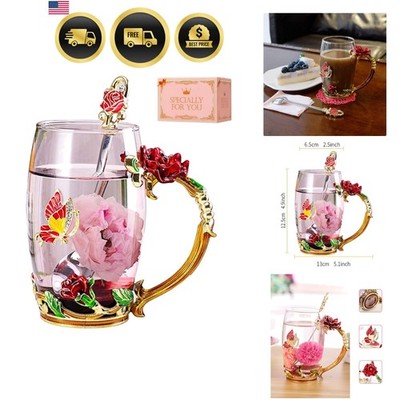 Birthday Gifts For Women,Enamel Butterfly Flower Glass Tea Cup Rose Red Coffe...
