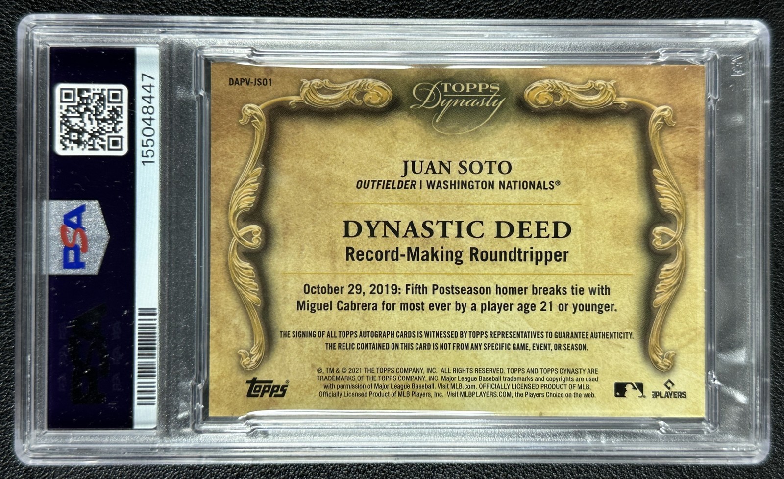 JUAN SOTO PSA 9 2021 TOPPS DYNASTY #DAPV-JSO1 GAME-USED PATCH AUTO SILVER 1/5 view 2