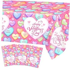 3 Pcs Valentines Day Tablecloth Conversation Heart Table Cloth for Pink