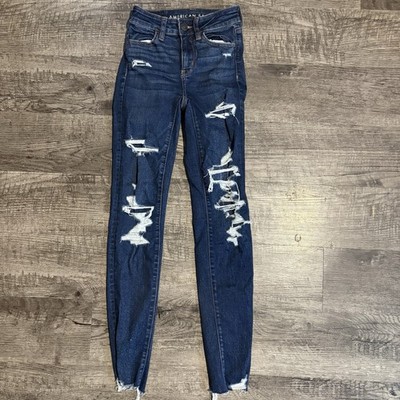 AMERICAN EAGLE Jeans Women s 000 Blue Hi-Rise Jegging Stretch Raw Hem Denim