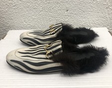 Gucci EU 37 US 7 J126 Women's Princetown Leather Lamb Fur Zebra Stripe Mules