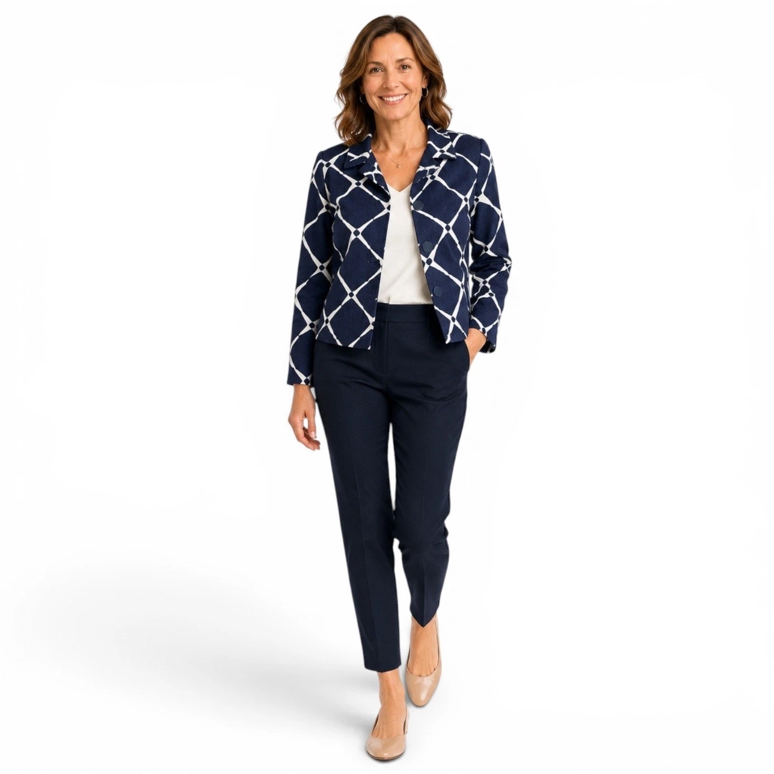 Boden Textured Cropped Jacket Women’s 4R Blue White Geometric Trellis Print