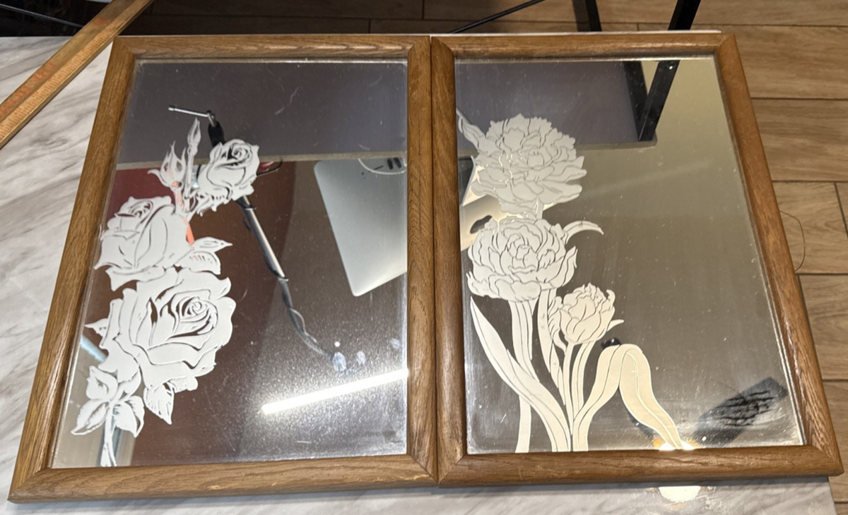 VTG Wooden Framed Wall Mirror W/Floral 19 X 13 2 pc. plc | eBay