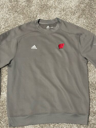 Wisconsin Badgers Football Sweater Mens L Gray Adidas Fleece Pullover Climawarm - Picture 2 of 8