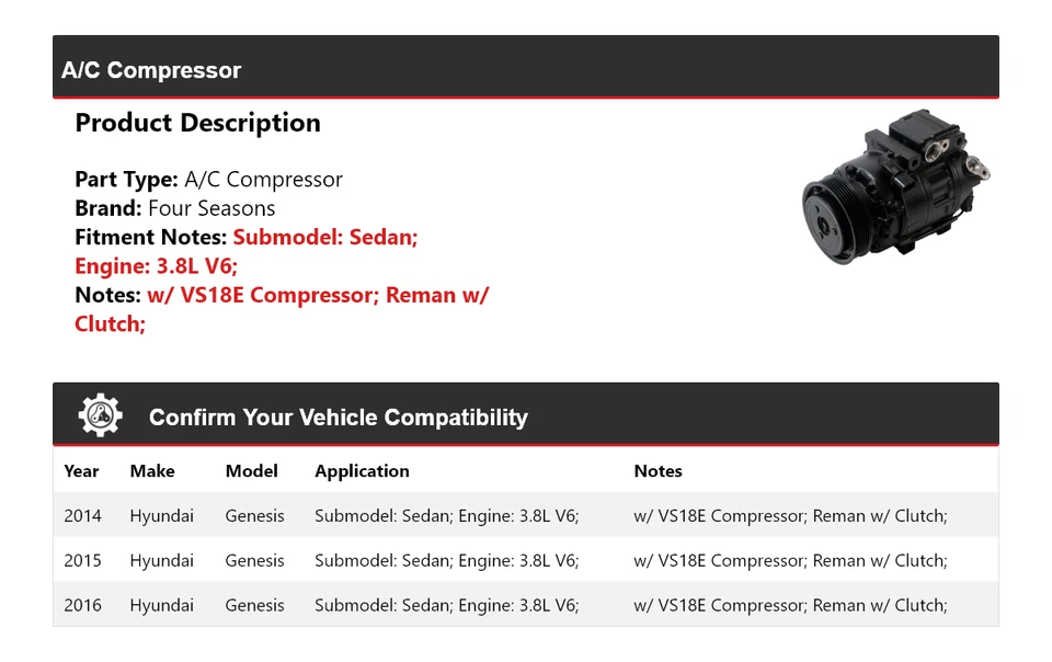 Compresor de aire acondicionado V6 3,8 L para Hyundai Genesis 2014-2016 sedán 4 estaciones 2015 Foto 2 de 3
