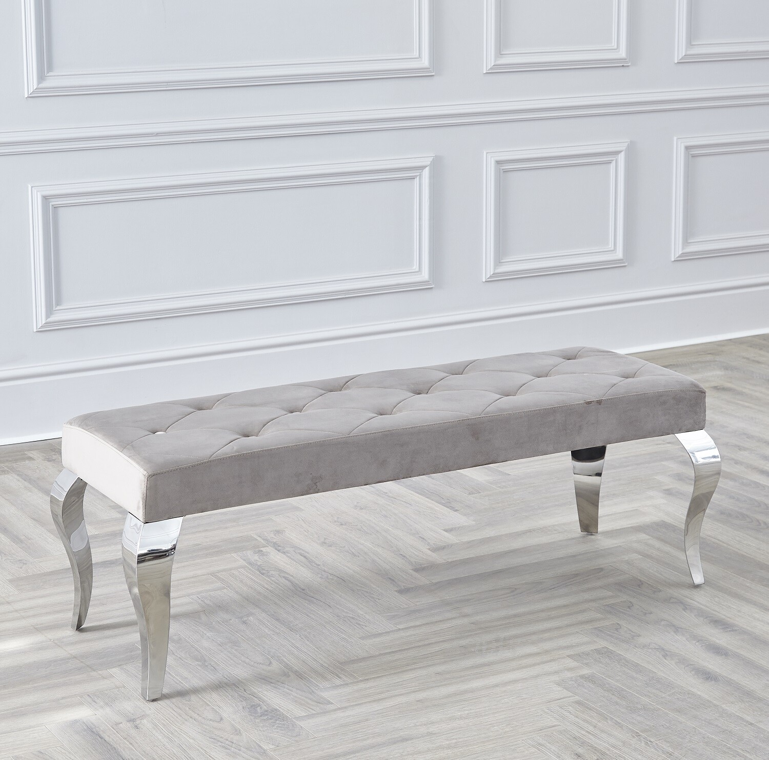 NICHES 130cm Louis Chrome Dining Bench Velvet Buttoned Grey Cream