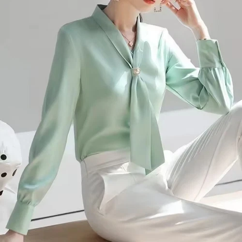 Women Spring Style Blouses Shirts Casual Autumn Long Sleeve Bow Tie Collar Tops