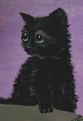 ACEO Mini *Art Print* Fluffy Black Baby Cat Kitten Tiny Miniature Art by Saulite