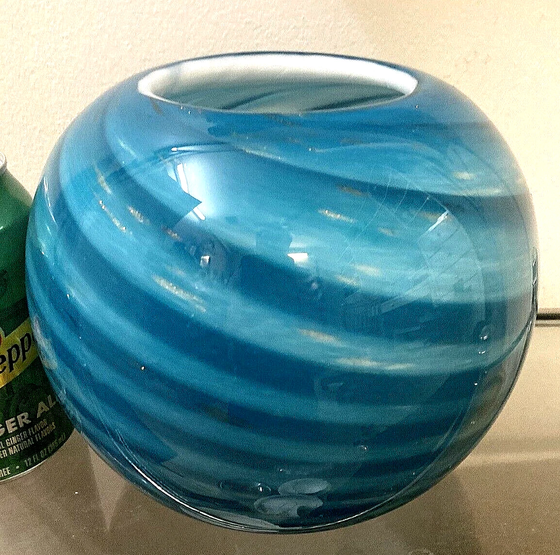 MCM BLOWN CASED ITALIAN ART GLASS ROUND VASE   TURQUOISE SWIRLS   AVENTURINE