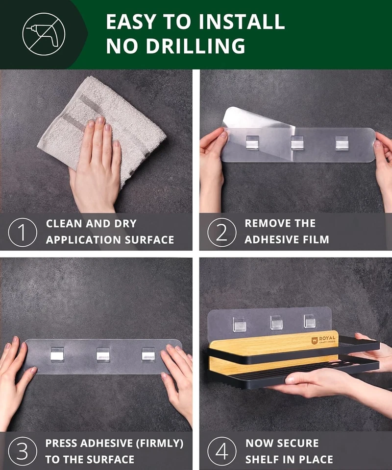 2 Pack Wall-Mounted Shower Caddy Organizer Self Adhesive Stainless Steel Bamboo - Image 4 of 4