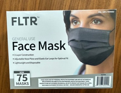 75 Pack FLTR General Use Face Masks Black - 3-Ply Disposable & Breathable Covers