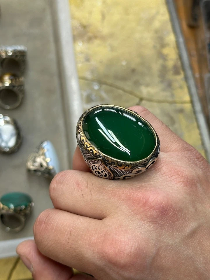 Anillo de piedra de ágata verde grande hecho a mano 925 para hombre, anillo de piedra de ágata natural Foto 2 de 4
