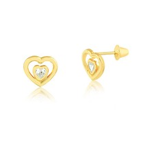Double Heart Zircon 18k Solid Yellow Gold Push Backs Stud Earrings for Children