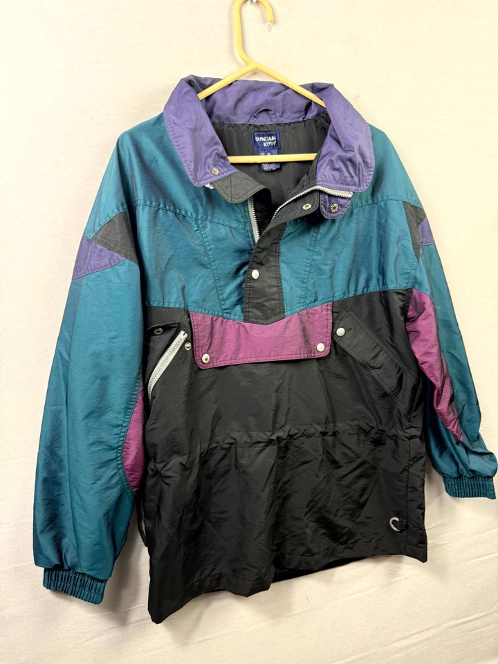 Chaqueta cortavientos Duncan Row vintage para hombre mediana azul negra bloques de colores senderismo Foto 2 de 4