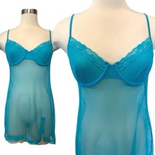 2003 Victoria s Secret Aqua Blue Fishnet Lace Babydoll Slip Dress Chemise 36C