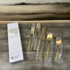 West Elm Fortessa Lucca Faceted Flatware Set 5-piece Brushed Gold NIB OB