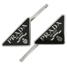 Prada Style Logo Hair Clip Set Black Triangle Metal Barrette 2PCS