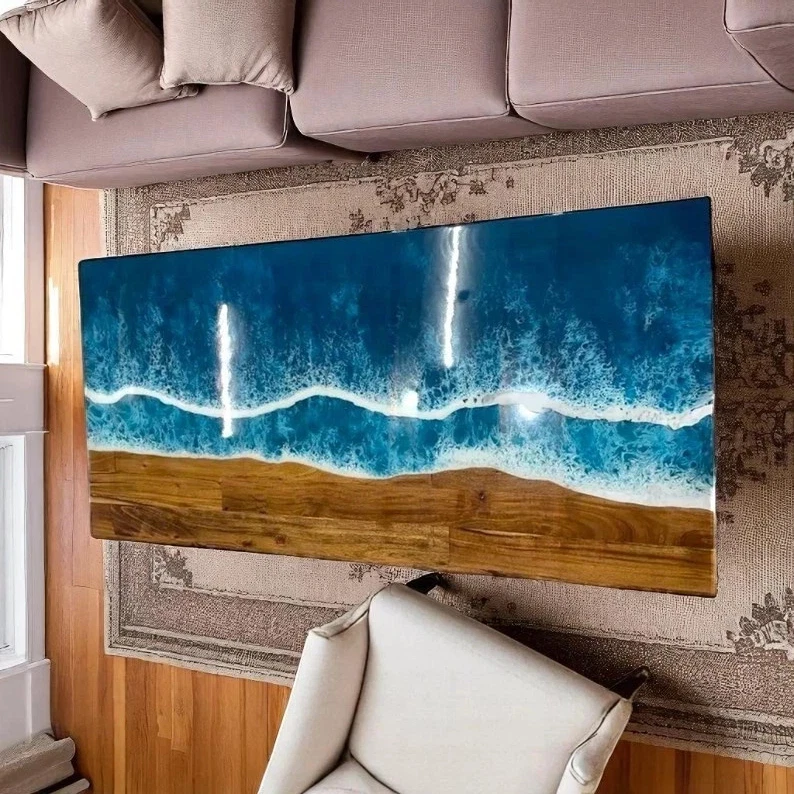 Blue Wave Epoxy Resin Dining Table Acacia Wooden Live Edge Kitchen Decor - Image 4 of 4