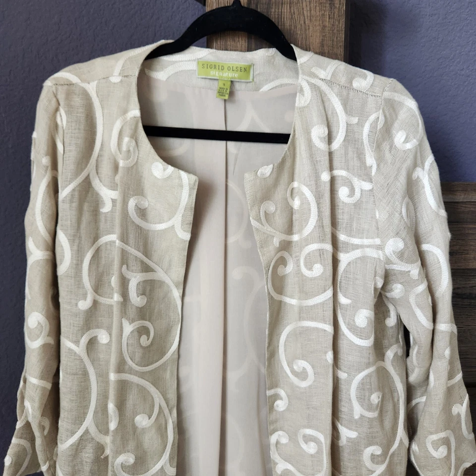 Sigrid Olsen 100% Linen Cardigan Embroidered Long Jacket S Small Beige Cream - Image 4 of 4