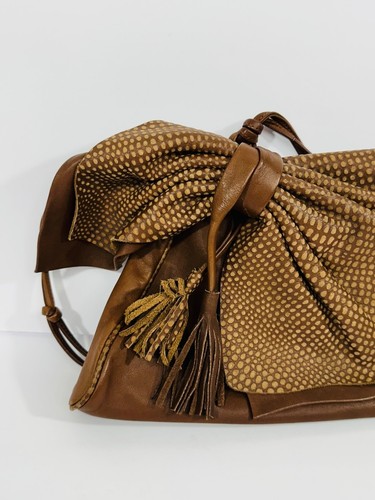 Brio Genuine Deerskin Brown Leather Handbag Shoulder Bag Textured Bow & Tassel - Picture 4 of 10