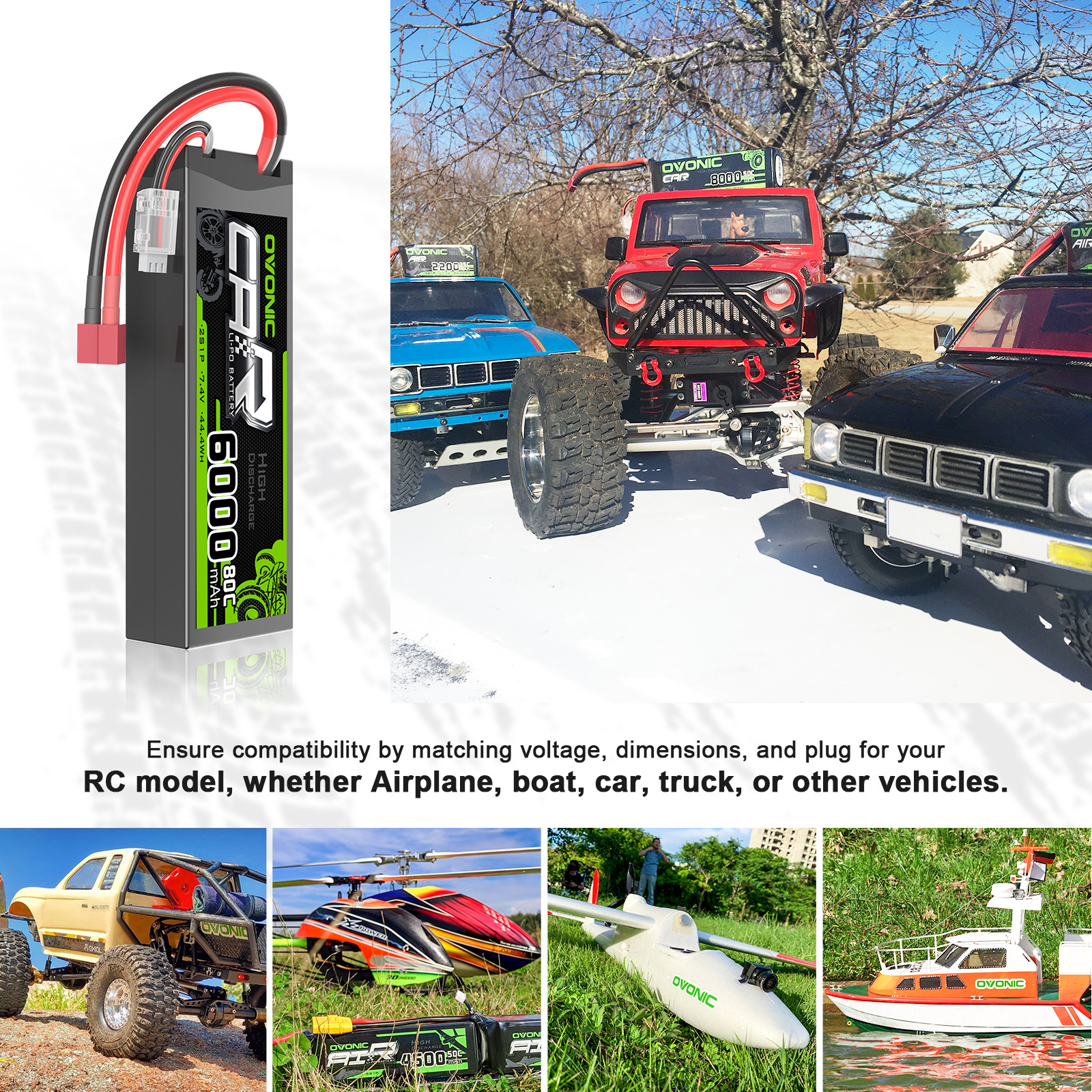 2x Ovonic 7,4V 80C 6000mAh 2S LiPo Akku T spannungs tester für RC-Auto LKW 110