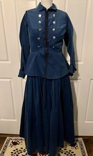 Vintage Victorian Style Blue Corduroy Jacket Skirt Matching Bag