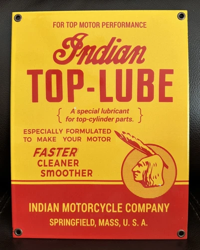 Indian Motorcycle Top-Lube Porcelain Sign Gas Oil Garage Vintage